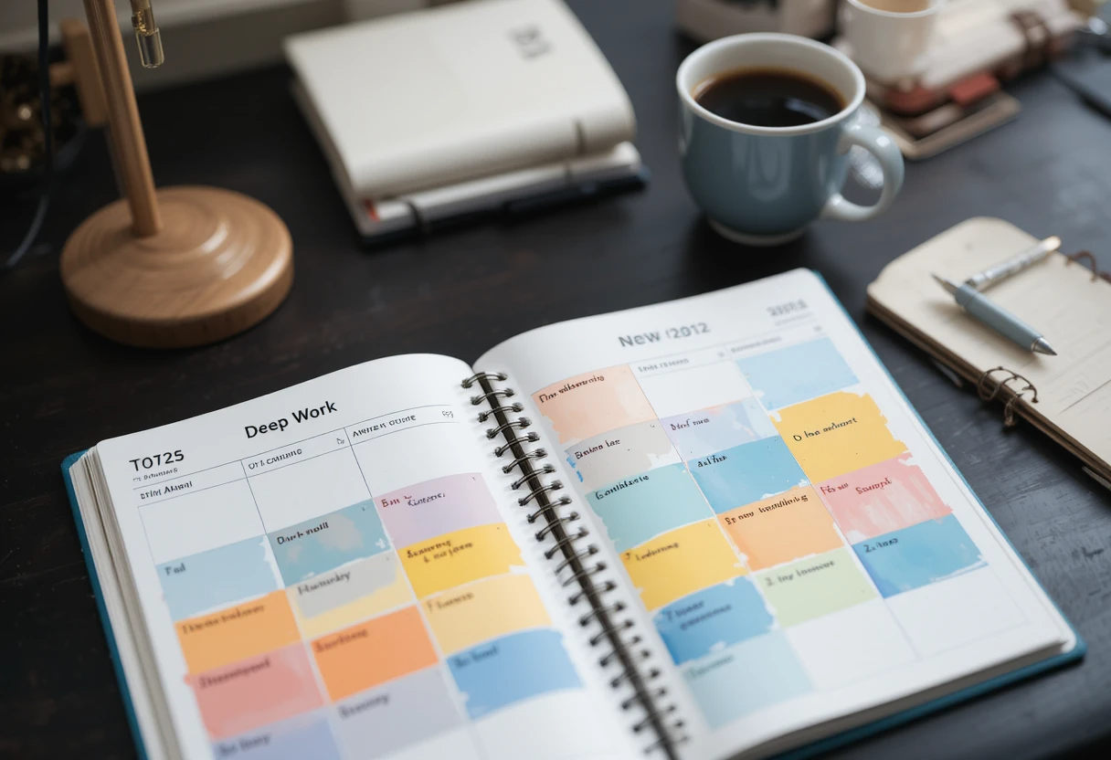 A daily schedule with Deep Work blocks highlighted, clean desk setup in a quiet space