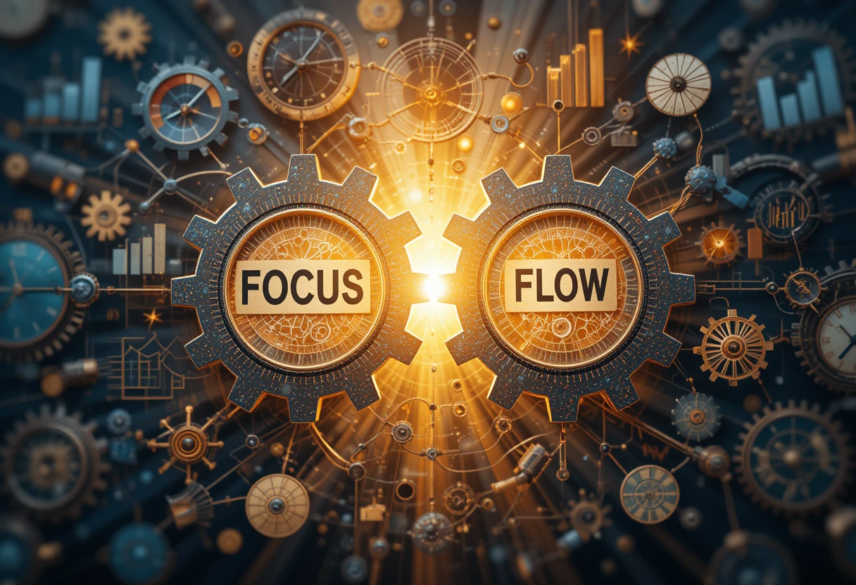 Two interlocking gears with icons for focus and creativity, symbolizing the synergy of Deep Work and Flow