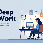 A digital illustration of a focused person working at a minimalist desk with headphones, surrounded by symbols of flow and productivity, representing Deep Work and Flow