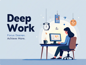 A digital illustration of a focused person working at a minimalist desk with headphones, surrounded by symbols of flow and productivity, representing Deep Work and Flow