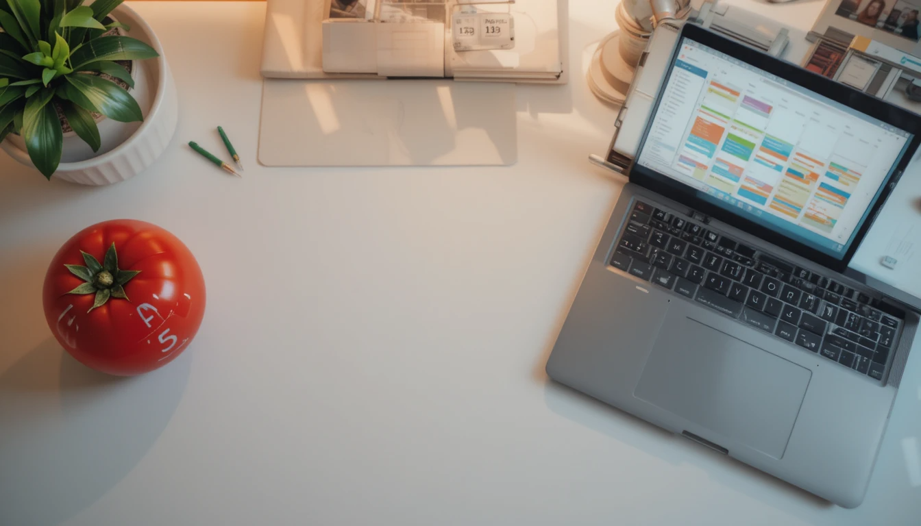 Pomodoro timer on desk next to time-blocked digital calendar